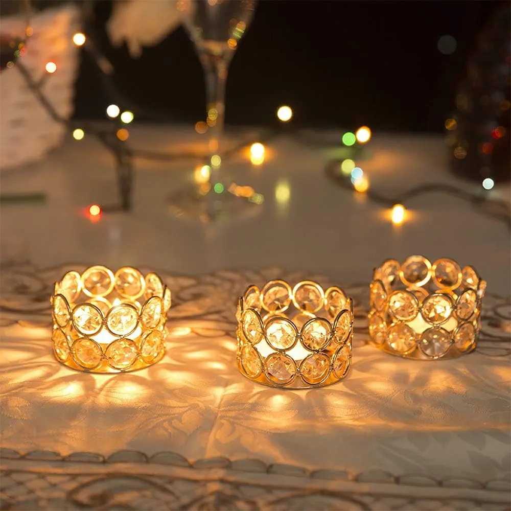 Gold Crystal Tea Light Candle Holders Bowl Tealight Candle Holders, Decorative Cylinder Diamond Votive Candle Stand Table Centerpieces Wedding, Party, Home Decoration