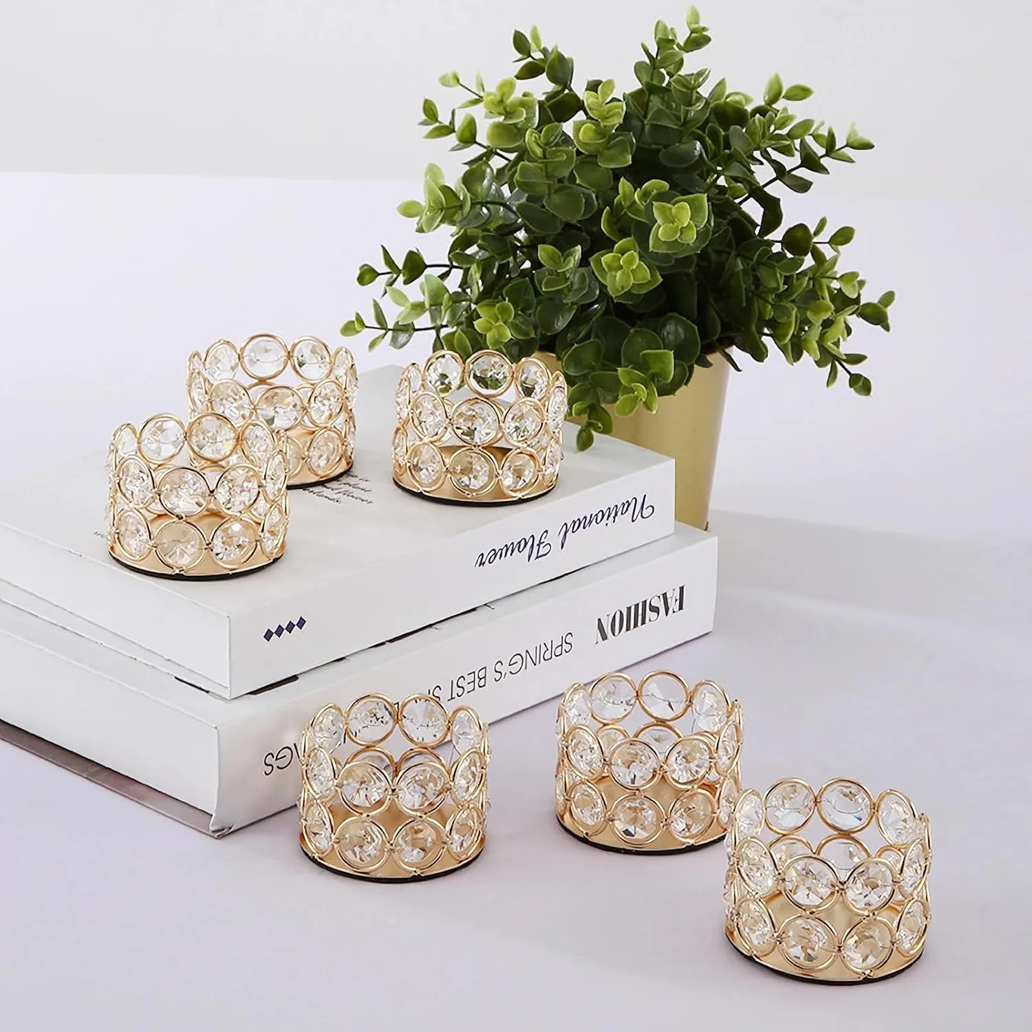 Gold Crystal Tea Light Candle Holders Bowl Tealight Candle Holders, Decorative Cylinder Diamond Votive Candle Stand Table Centerpieces Wedding, Party, Home Decoration