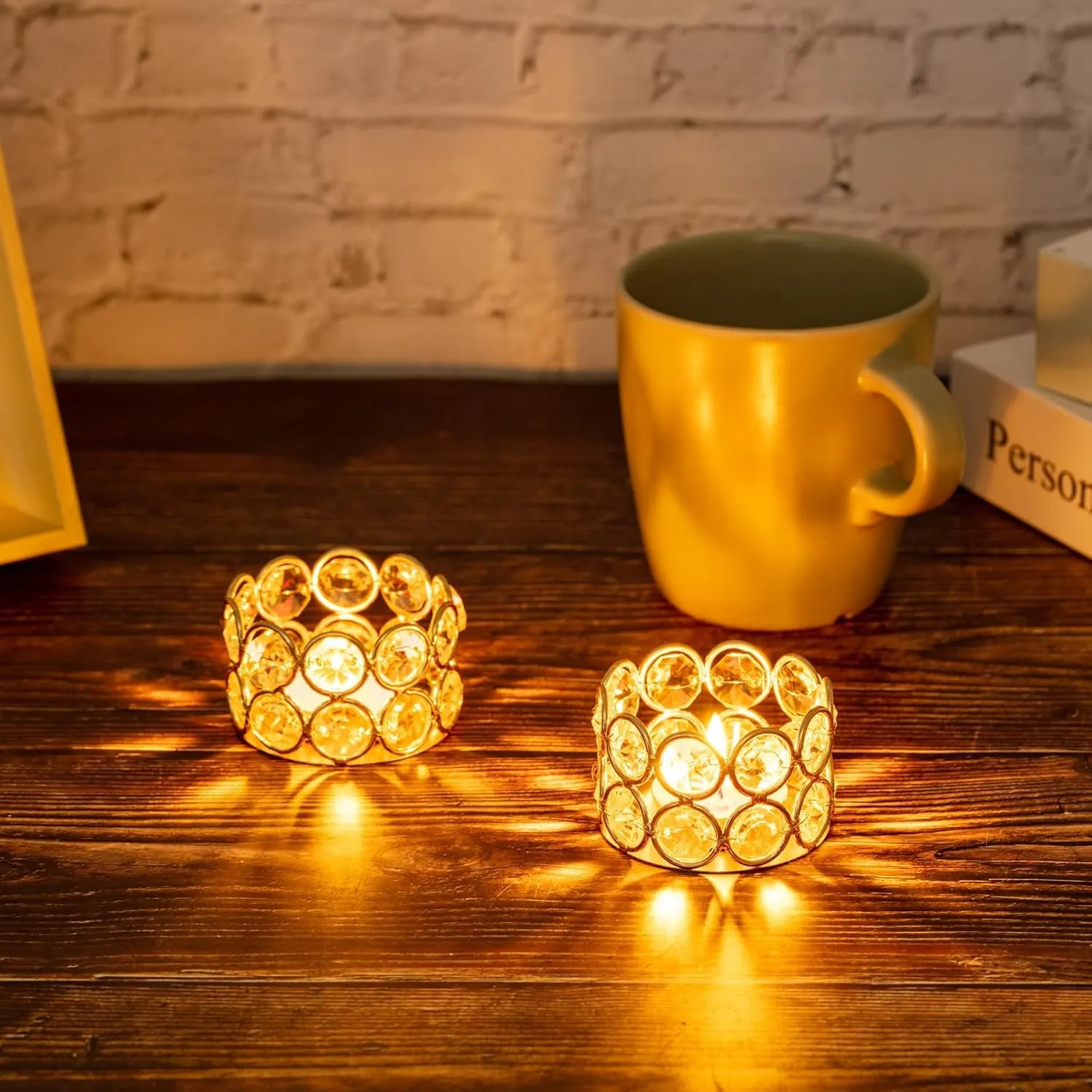 Gold Crystal Tea Light Candle Holders Bowl Tealight Candle Holders, Decorative Cylinder Diamond Votive Candle Stand Table Centerpieces Wedding, Party, Home Decoration