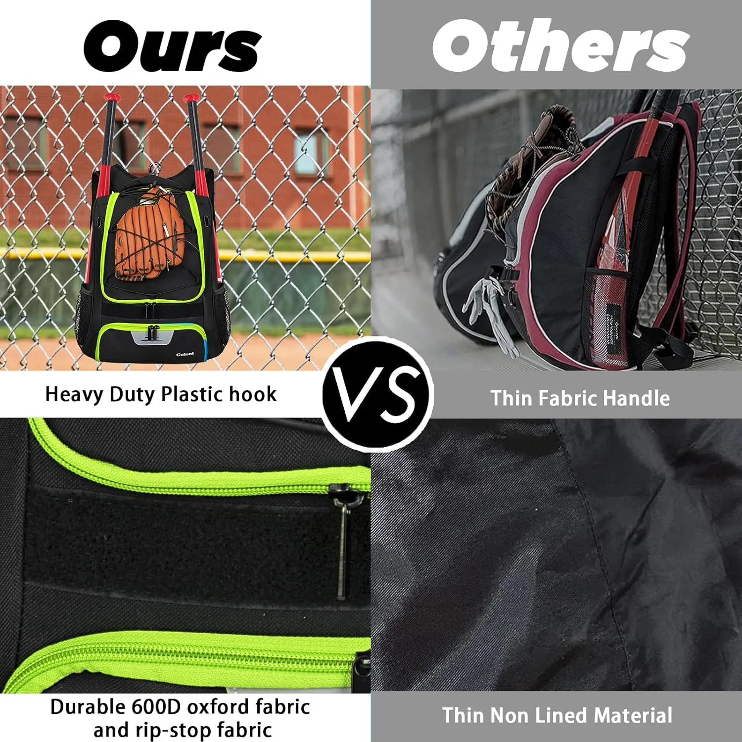 Goloni Baseball Bag,Backpack for Baseball, T-Ball & Softball Equipment & Gear,Softball Bag with Shoe Compartment,Fence Hook