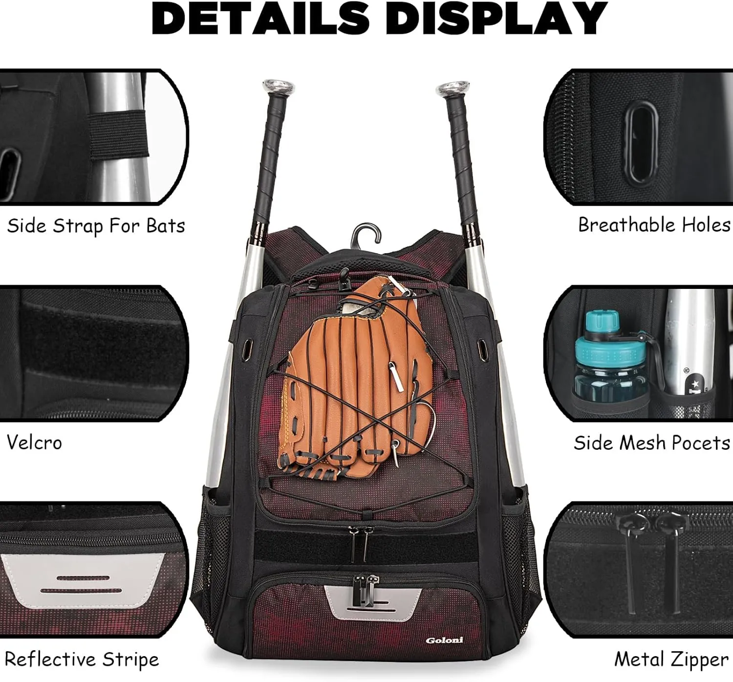 Goloni Baseball Bag,Backpack for Baseball, T-Ball & Softball Equipment & Gear,Softball Bag with Shoe Compartment,Fence Hook