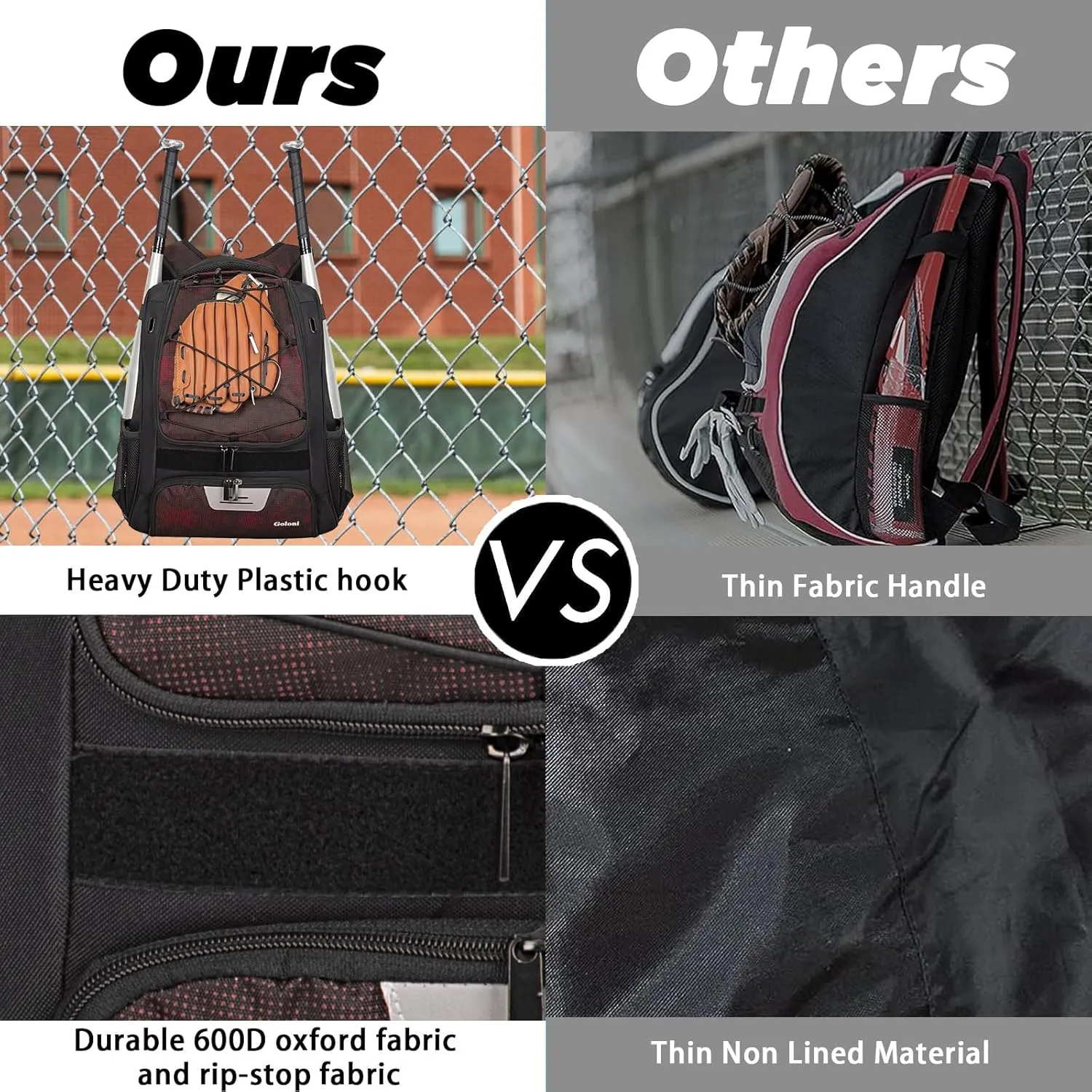 Goloni Baseball Bag,Backpack for Baseball, T-Ball & Softball Equipment & Gear,Softball Bag with Shoe Compartment,Fence Hook