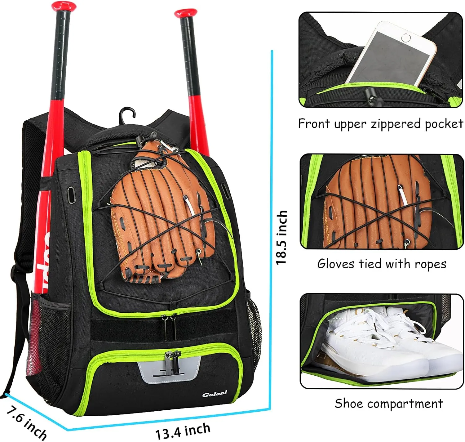 Goloni Baseball Bag,Backpack for Baseball, T-Ball & Softball Equipment & Gear,Softball Bag with Shoe Compartment,Fence Hook