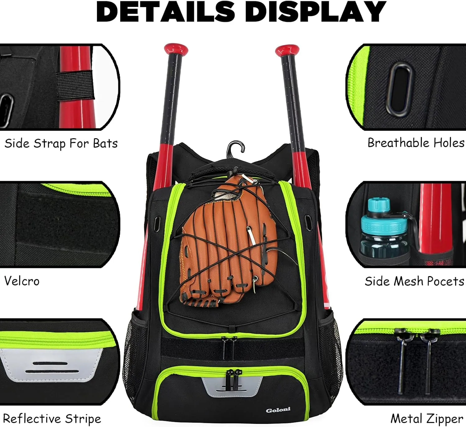 Goloni Baseball Bag,Backpack for Baseball, T-Ball & Softball Equipment & Gear,Softball Bag with Shoe Compartment,Fence Hook