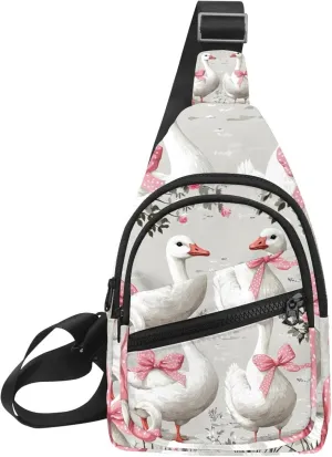 gooses with pink polka dot bows (1) Sling Bag for Women Men Backpack Fanny Pack Crossbody Chest Travel Shoulder Belt Bags Purse Handbag