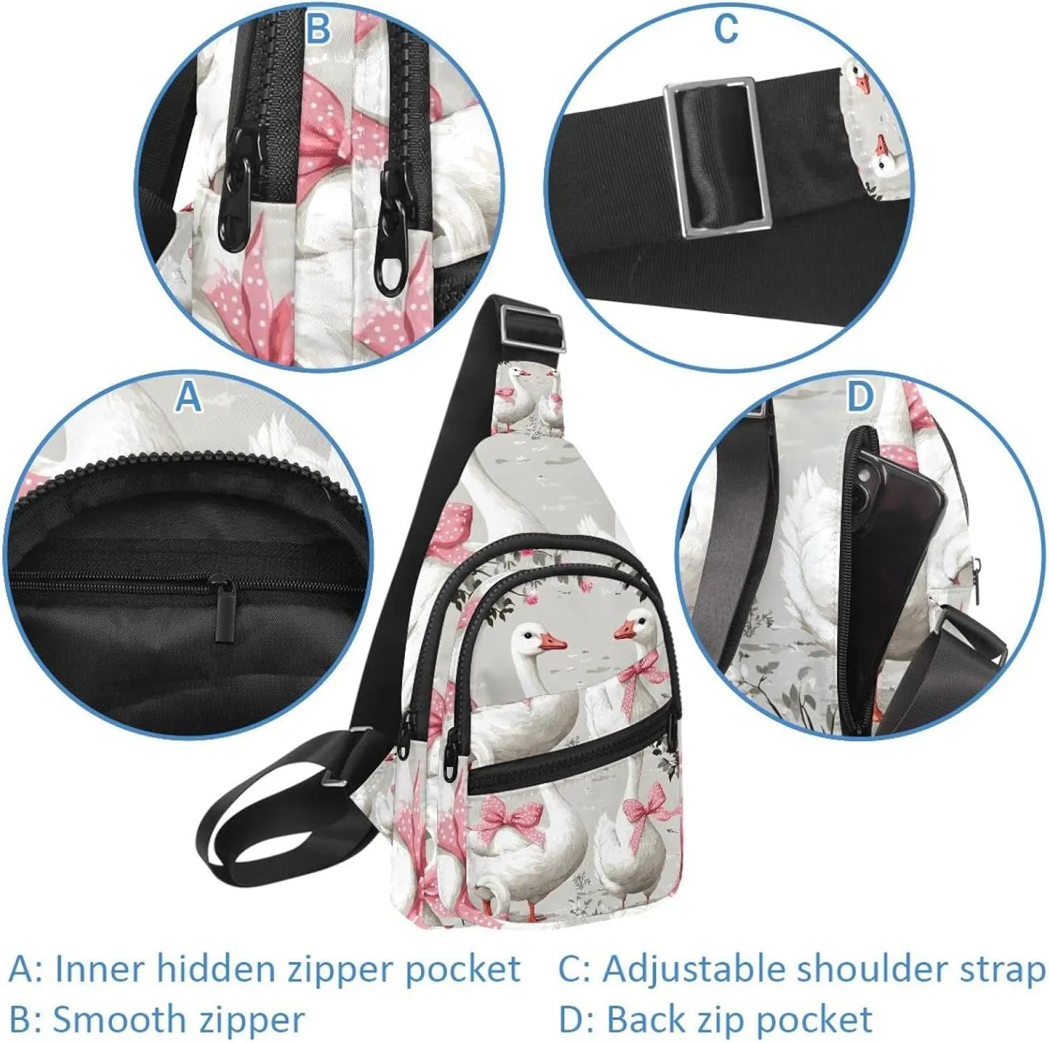gooses with pink polka dot bows (1) Sling Bag for Women Men Backpack Fanny Pack Crossbody Chest Travel Shoulder Belt Bags Purse Handbag