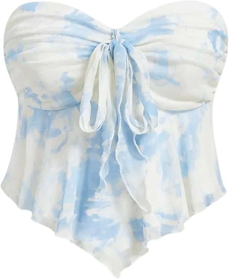 GORGLITTER Women's Floral Ruffle Tube Top Strapless Flowy Coquette Going Out Bandeau Tops