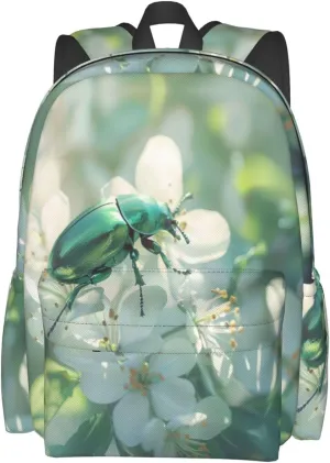 Green Beetle Flower Backpack Bookbag Waterproof Backpacks for Women Men Travel Backpack Laptop Backpacks Daypack Shoulder Bag