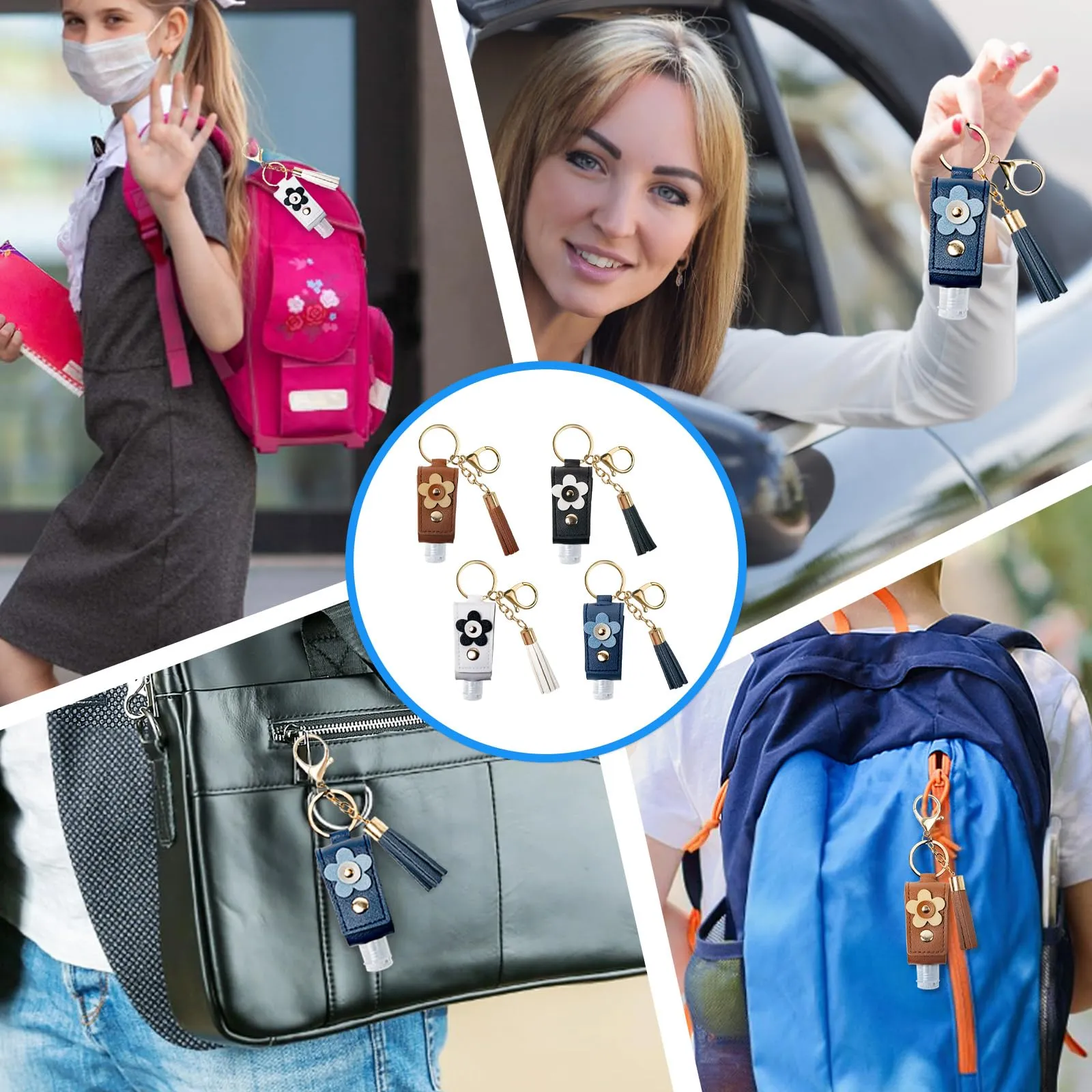 GTILE 4Pcs Hand Sanitizer Keychain, 30ml Refillable Portable Hand Sanitizer for Toiletry Lotion Liquid Soap Shampoo (Brown, Black, White, Navy Blue)
