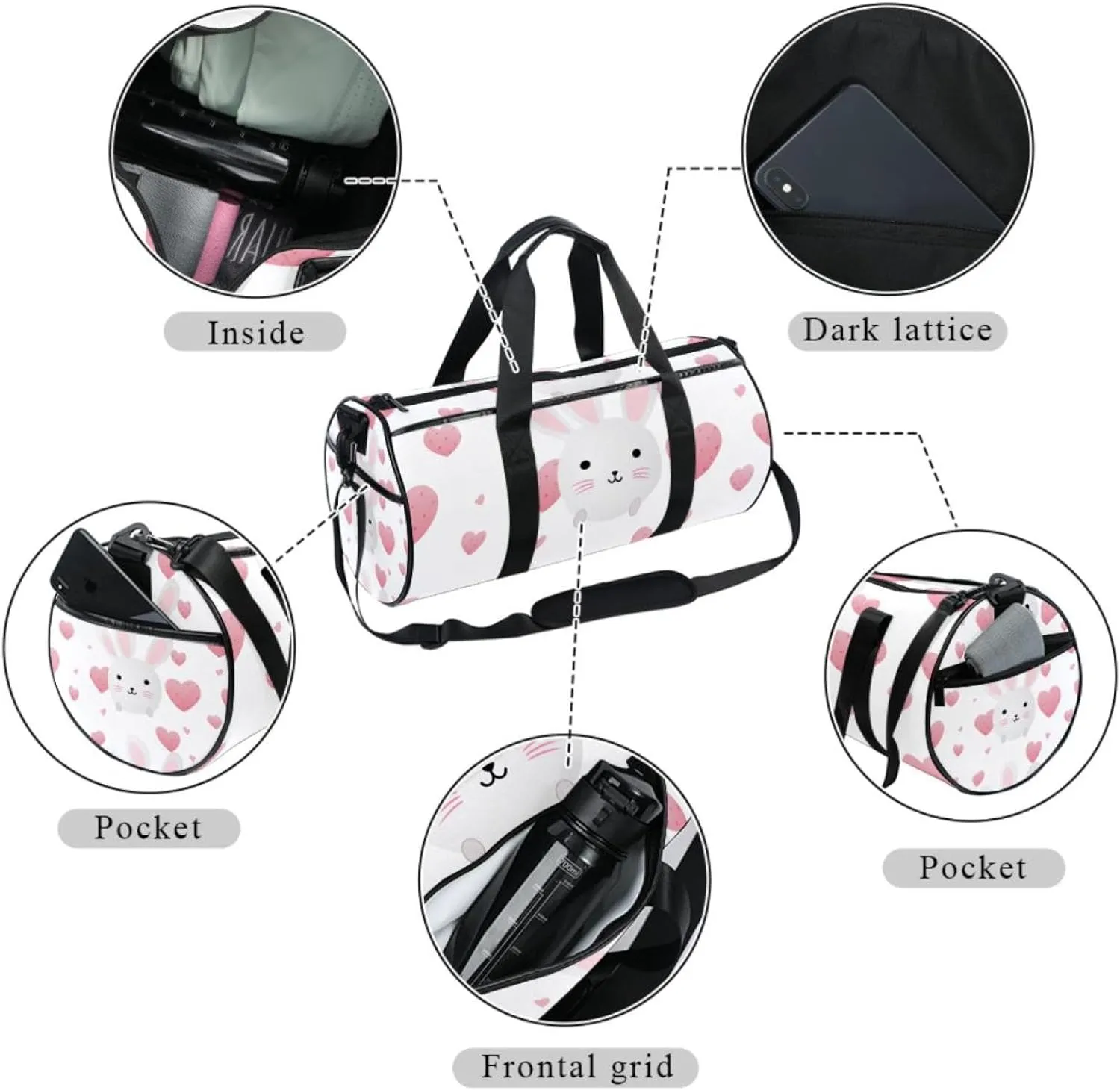 Gym Bags for Men,Travel Duffel Bags for Women,Bunny Face and Heart,Workout Bag