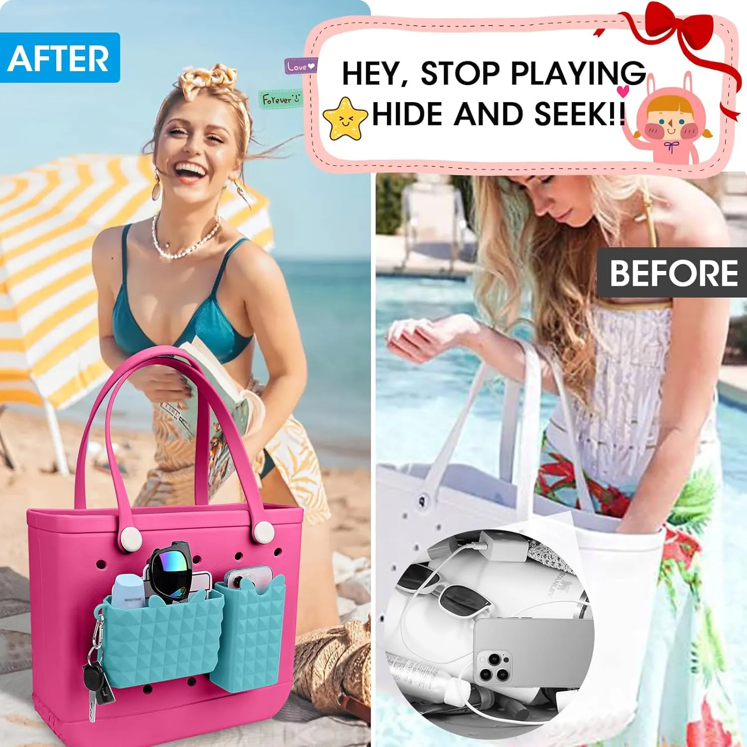 Haldane 2-Pack Phone Holder for Bogg Bag, Silicone Organizer for Phone, Sunglasses Key & Wallet, Simply Modern Beach Tote Bag Accessories, Blue
