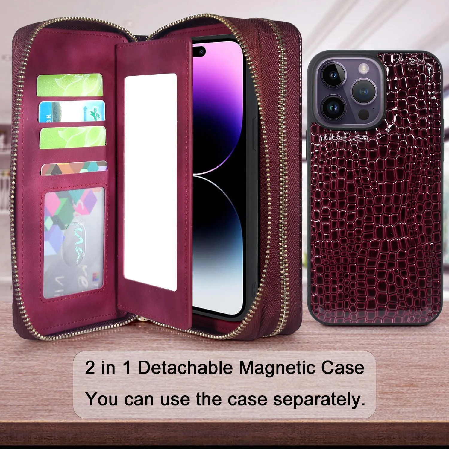 Harryshell Compatible with iPhone 14 Pro Max 6.7 inch 2022 Case Wallet Multi Zipper Detachable Magnetic Cover Purse Bag with Card Slots Mirror Crossbody Chain Wrist Strap (Crocodile Wine Red)