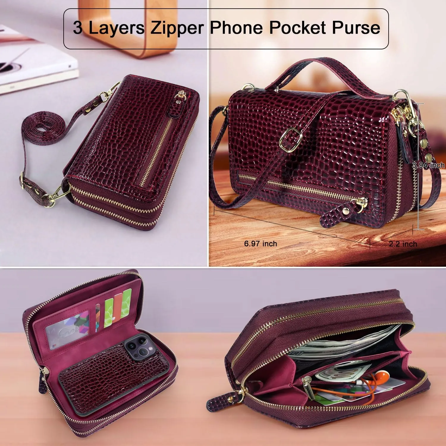 Harryshell Compatible with iPhone 14 Pro Max 6.7 inch 2022 Case Wallet Multi Zipper Detachable Magnetic Cover Purse Bag with Card Slots Mirror Crossbody Chain Wrist Strap (Crocodile Wine Red)