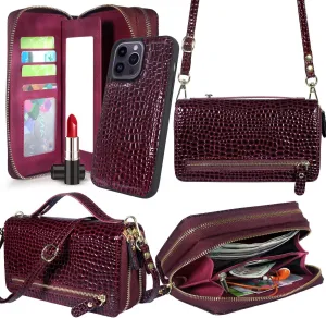 Harryshell Compatible with iPhone 14 Pro Max 6.7 inch 2022 Case Wallet Multi Zipper Detachable Magnetic Cover Purse Bag with Card Slots Mirror Crossbody Chain Wrist Strap (Crocodile Wine Red)