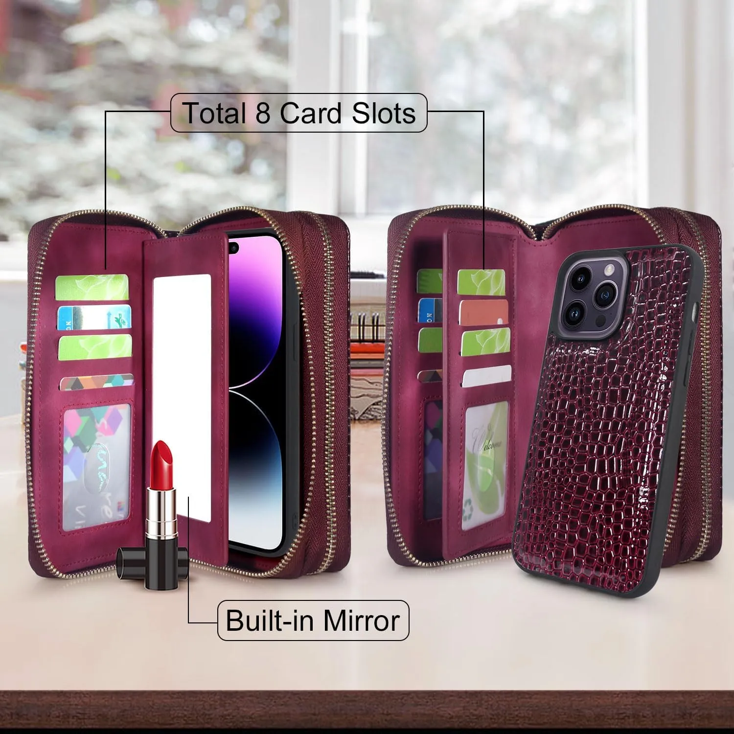 Harryshell Compatible with iPhone 14 Pro Max 6.7 inch 2022 Case Wallet Multi Zipper Detachable Magnetic Cover Purse Bag with Card Slots Mirror Crossbody Chain Wrist Strap (Crocodile Wine Red)