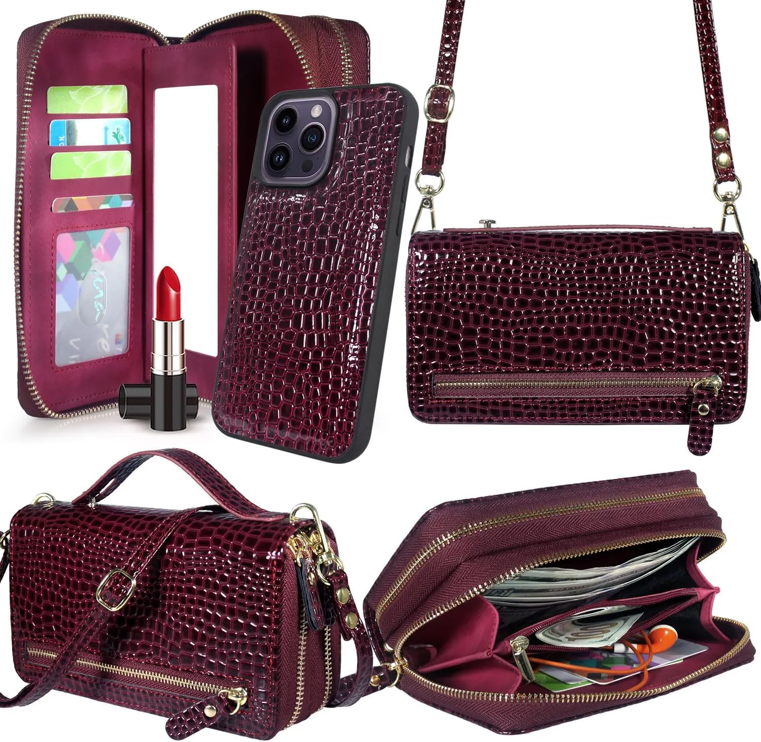 Harryshell Compatible with iPhone 14 Pro Max 6.7 inch 2022 Case Wallet Multi Zipper Detachable Magnetic Cover Purse Bag with Card Slots Mirror Crossbody Chain Wrist Strap (Crocodile Wine Red)