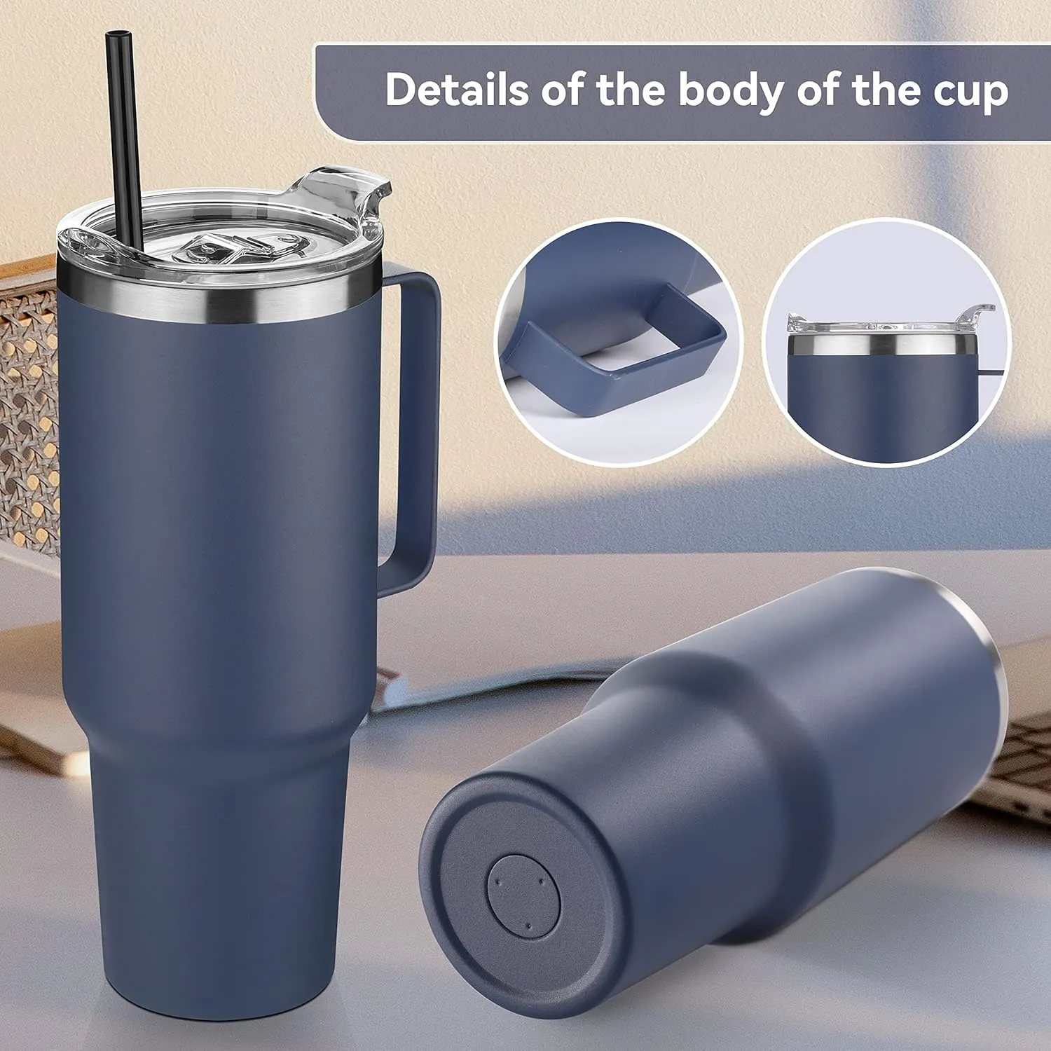 HASLE OUTFITTERS 40 oz Stainless Steel Tumbler with Handle, Vacuum Insulated Tumblers Bulk, Reusable Double Wall Travel Coffee Mug, Durable Powder Coated Water Bottles(Navy, 4)