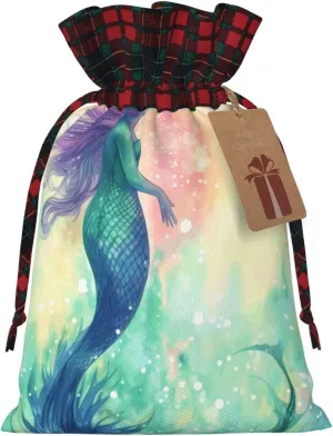 HCLYvexiria Christmas Gift Bag Christmas Wrapping Bags Beautiful Mermaid tail Gift Bag with Drawstrings Christmas Burlap Gift Bag Linen Christmas Drawstring Bag for Presents Supplies