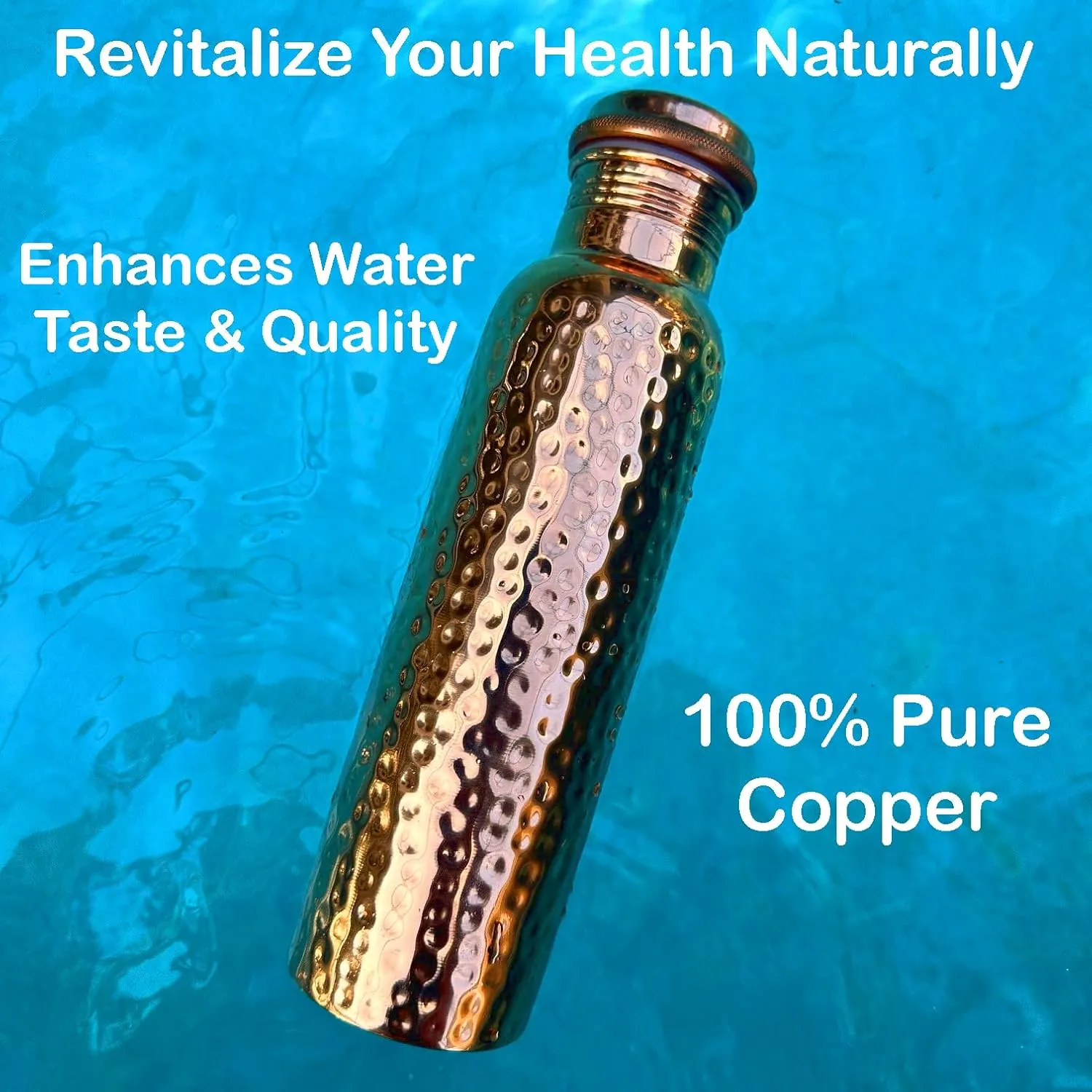 Heavenly Metals 32oz Pure Copper Water Bottle – Handcrafted Ayurvedic Copper Vessel w/Leak Proof Lid- 950ml Bottle (Hammered)