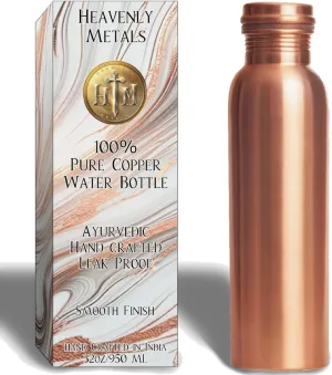 Heavenly Metals 32oz Pure Copper Water Bottle – Handcrafted Ayurvedic Copper Vessel w/Leak Proof Lid- Smooth Finish 950ml Bottle