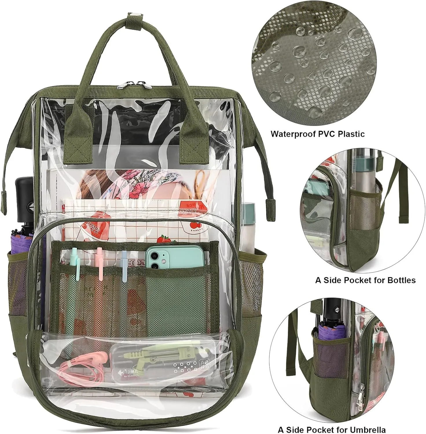Heavy Duty Clear Backpack for Men Women, School Bag Bookbag PVC Plastic Transparent Backpacks for Boys Girls (Army Green)