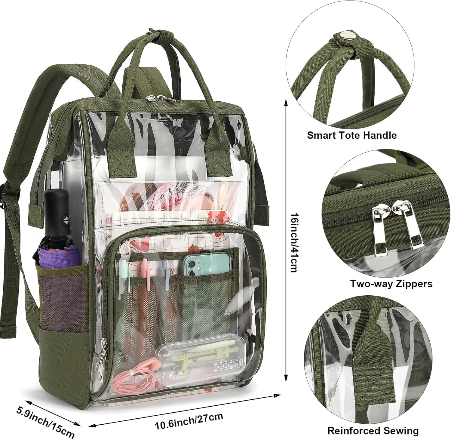 Heavy Duty Clear Backpack for Men Women, School Bag Bookbag PVC Plastic Transparent Backpacks for Boys Girls (Army Green)