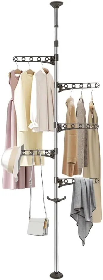 Hershii Adjustable Laundry Pole Corner Clothes Garment Drying Rack Hat Hanger Coat Tree Floor to Ceiling Tension Shelf Storage Organizer with 5 Arms and 1 Hook - Grey