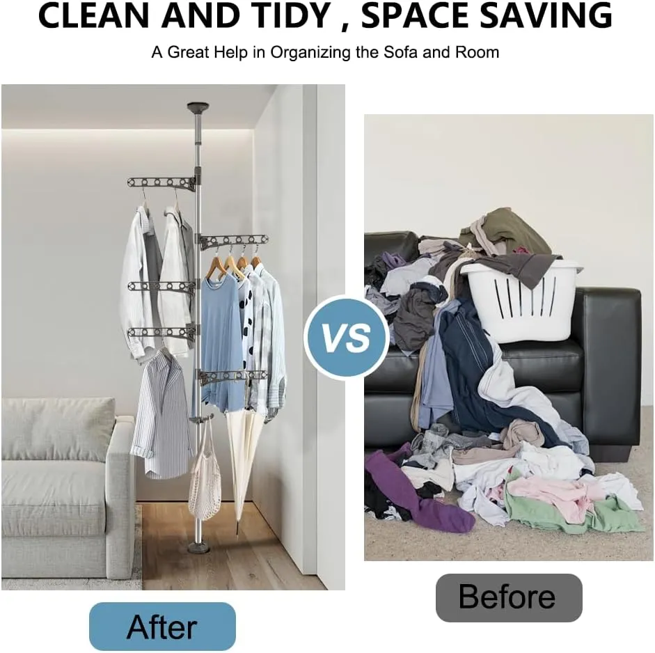 Hershii Adjustable Laundry Pole Corner Clothes Garment Drying Rack Hat Hanger Coat Tree Floor to Ceiling Tension Shelf Storage Organizer with 5 Arms and 1 Hook - Grey