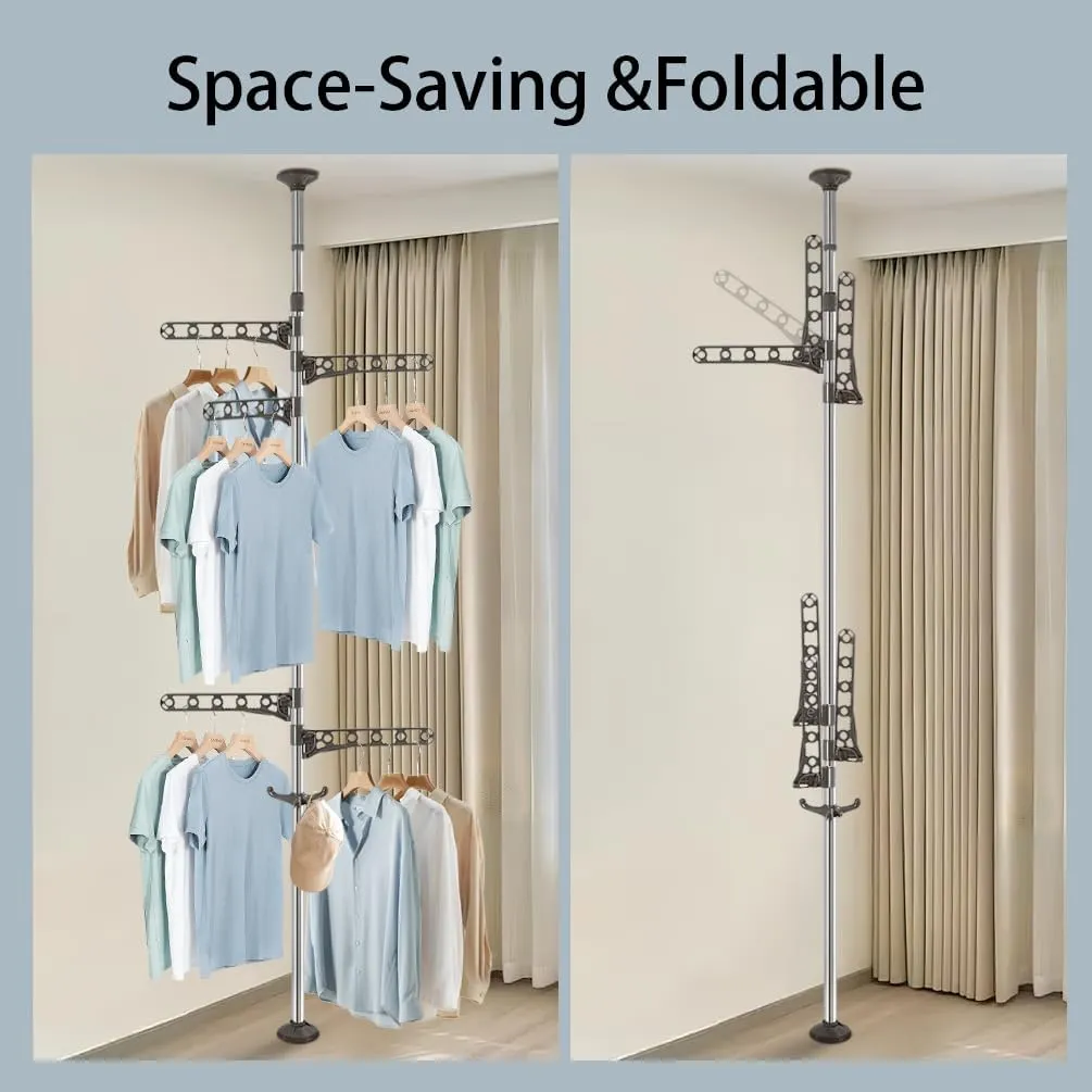 Hershii Adjustable Laundry Pole Corner Clothes Garment Drying Rack Hat Hanger Coat Tree Floor to Ceiling Tension Shelf Storage Organizer with 5 Arms and 1 Hook - Grey