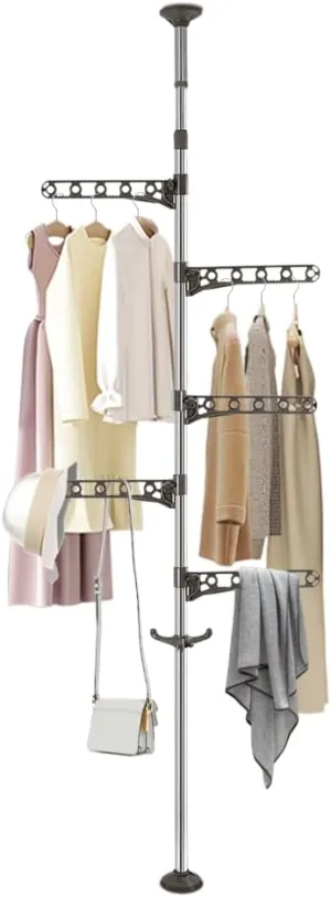 Hershii Adjustable Laundry Pole Corner Clothes Garment Drying Rack Hat Hanger Coat Tree Floor to Ceiling Tension Shelf Storage Organizer with 5 Arms and 1 Hook - Grey