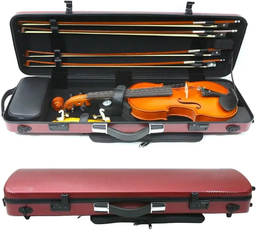 High Grade Violin Case 4/4 Full Size Carbon Fiber Violin Case Anti-Scratch Oblong Violin Box heet Removable Music Bag and 2 Adjustable Straps Strong Light Travel case (Wine Red Braided)