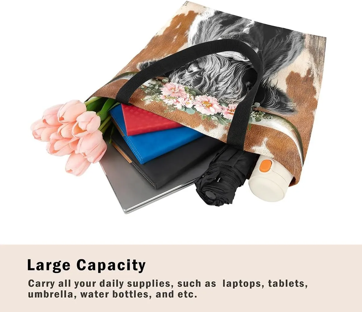 Highland Cow Flower Canvas Tote Bag,Cattle Tote Bag,Western Funny Animal Shopping Grocery Bags