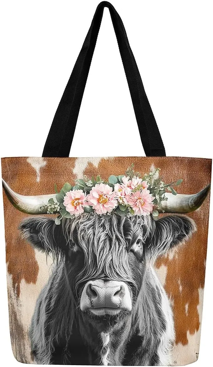 Highland Cow Flower Canvas Tote Bag,Cattle Tote Bag,Western Funny Animal Shopping Grocery Bags