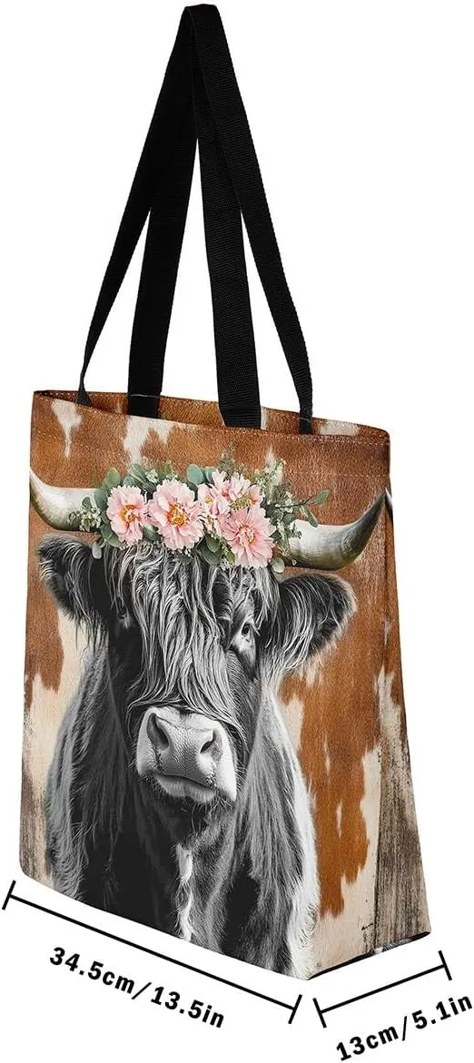 Highland Cow Flower Canvas Tote Bag,Cattle Tote Bag,Western Funny Animal Shopping Grocery Bags