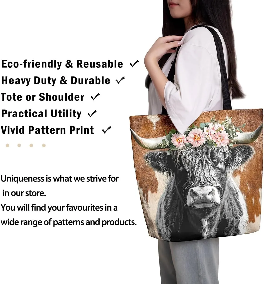 Highland Cow Flower Canvas Tote Bag,Cattle Tote Bag,Western Funny Animal Shopping Grocery Bags