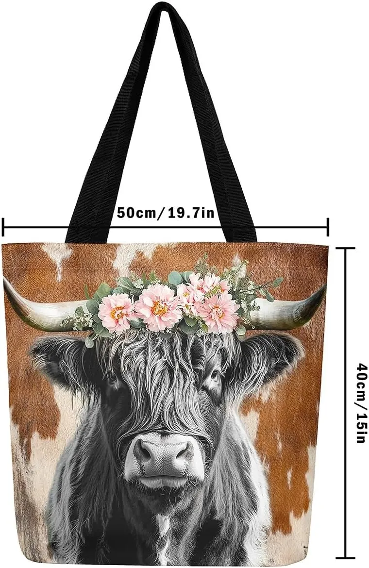 Highland Cow Flower Canvas Tote Bag,Cattle Tote Bag,Western Funny Animal Shopping Grocery Bags