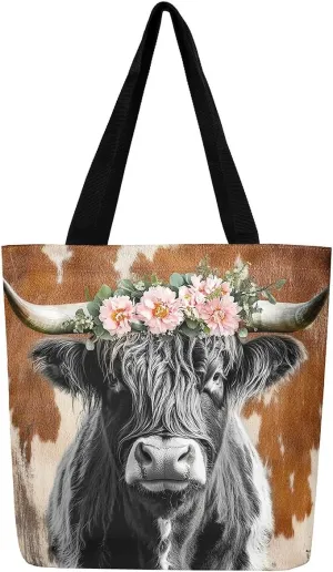 Highland Cow Flower Canvas Tote Bag,Cattle Tote Bag,Western Funny Animal Shopping Grocery Bags