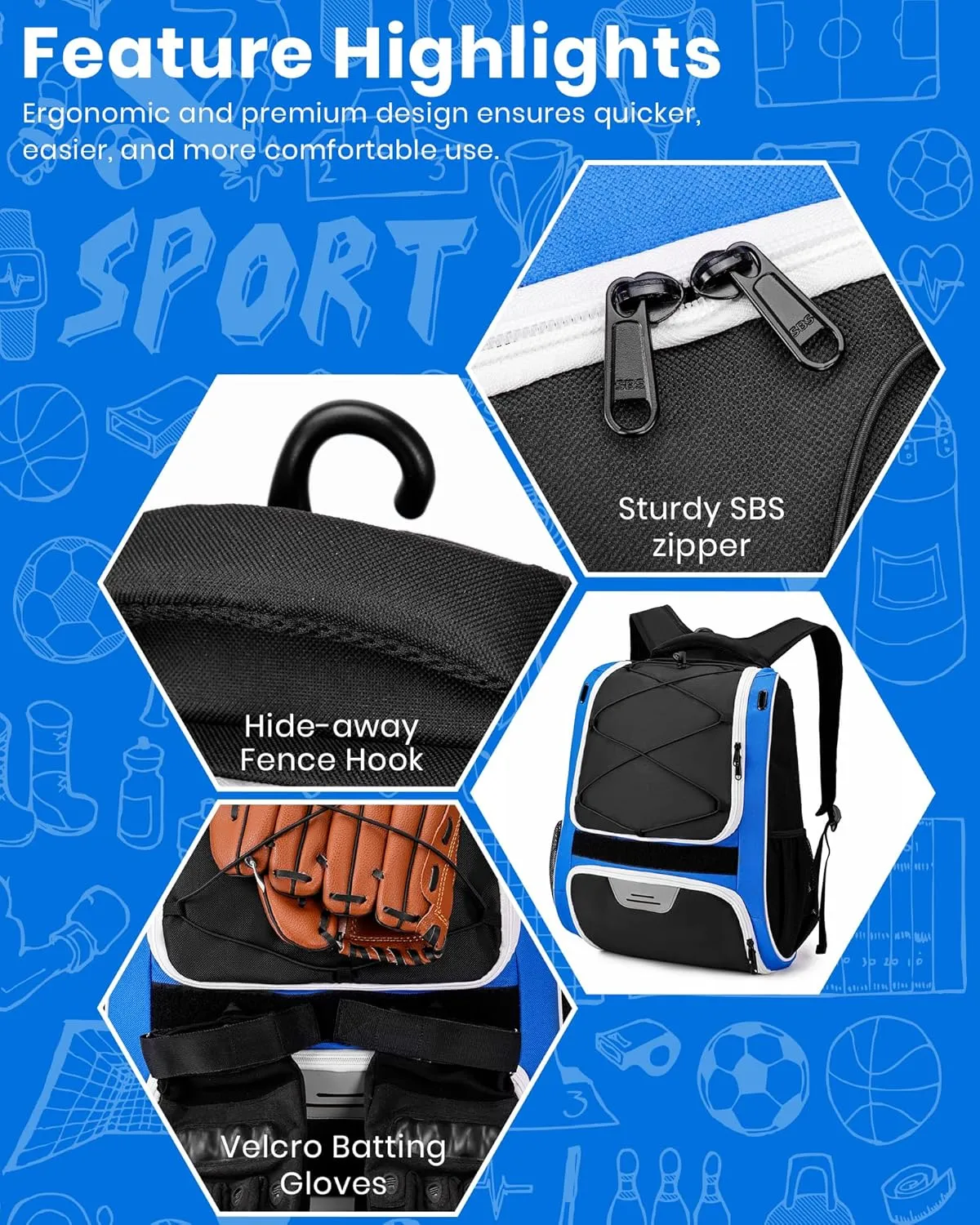 HMLIN Baseball Bag,Baseball Backpack, Softball Bat Bag with Shoes Compartment for Youth Adults,Lightweight Baseball Bag with T-Ball & Softball Equipment & Gear