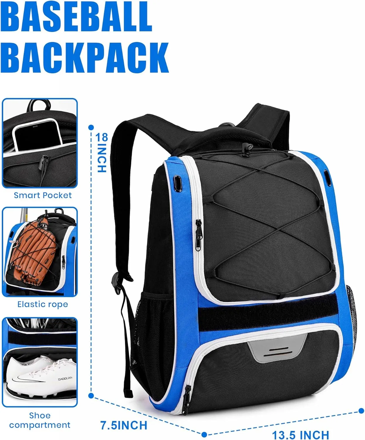 HMLIN Baseball Bag,Baseball Backpack, Softball Bat Bag with Shoes Compartment for Youth Adults,Lightweight Baseball Bag with T-Ball & Softball Equipment & Gear