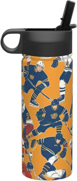 hockey Print Flask Stainless Steel Water Bottle with Straw 18OZ FOR Outdoor Gym Commute