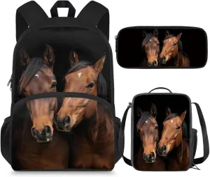 Horse Backpack Set for Boys 8-12 School Bag Set with Lunchbox Pencil Case Elementary 5th Grade Large Book Bags Student Hiking Camping Backpacks Daycare Bag Mochila Para NiñOs