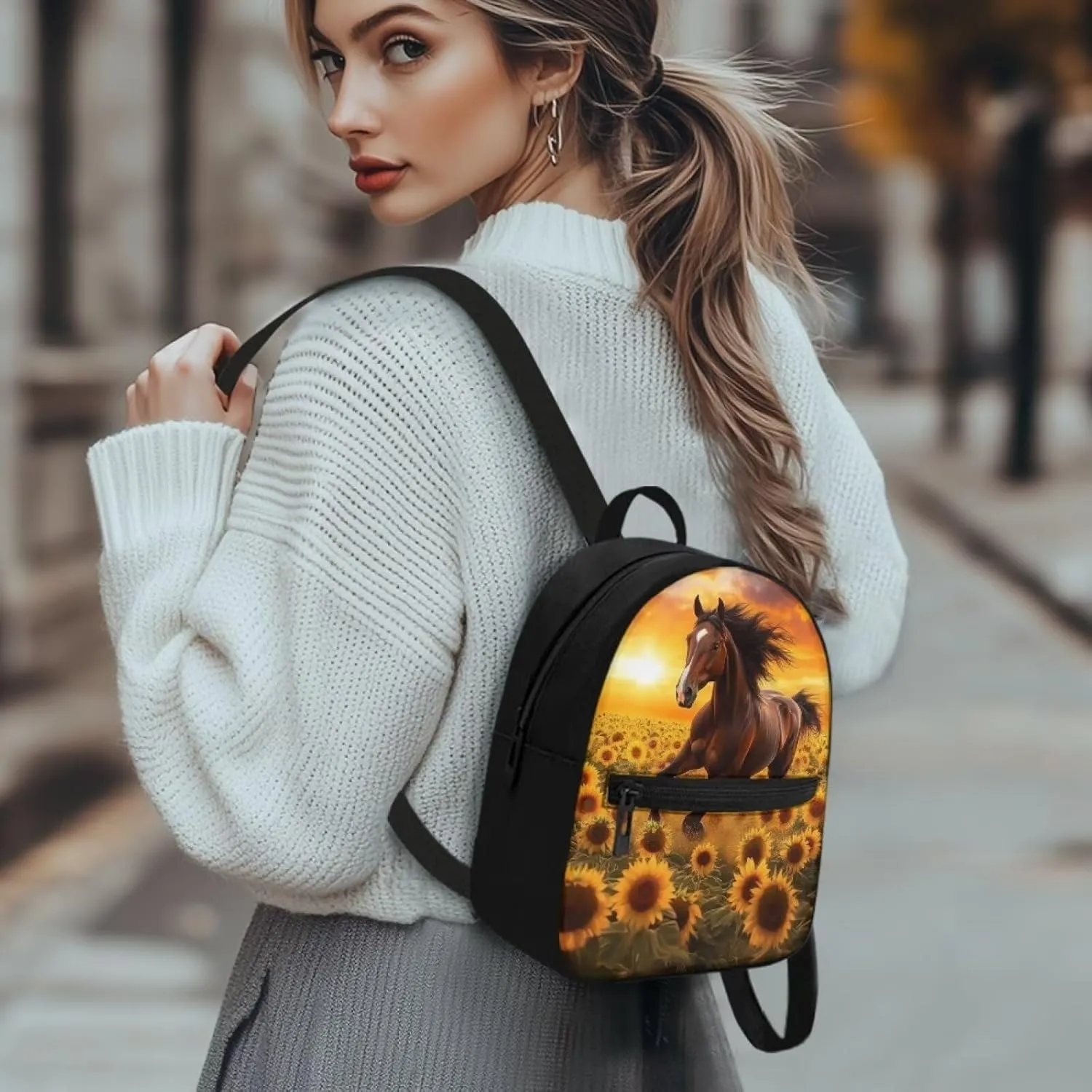 Horse Backpacks for Women Small Bookbag Mini Shoulder Bag with Adjustable Shoulder Strap for Travel Picnic Cute Sunflower Daypack for Work Office Sport Gym