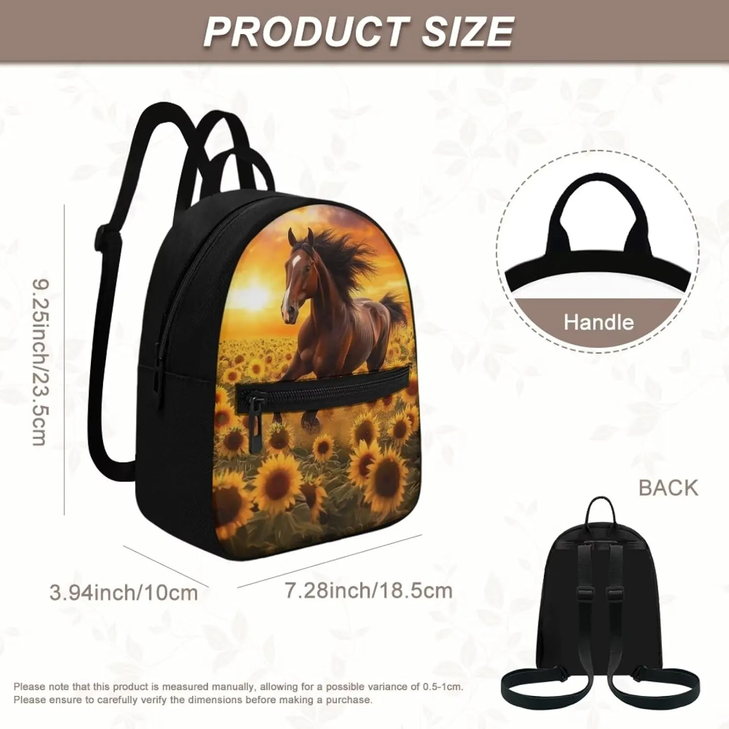 Horse Backpacks for Women Small Bookbag Mini Shoulder Bag with Adjustable Shoulder Strap for Travel Picnic Cute Sunflower Daypack for Work Office Sport Gym