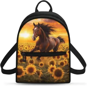 Horse Backpacks for Women Small Bookbag Mini Shoulder Bag with Adjustable Shoulder Strap for Travel Picnic Cute Sunflower Daypack for Work Office Sport Gym