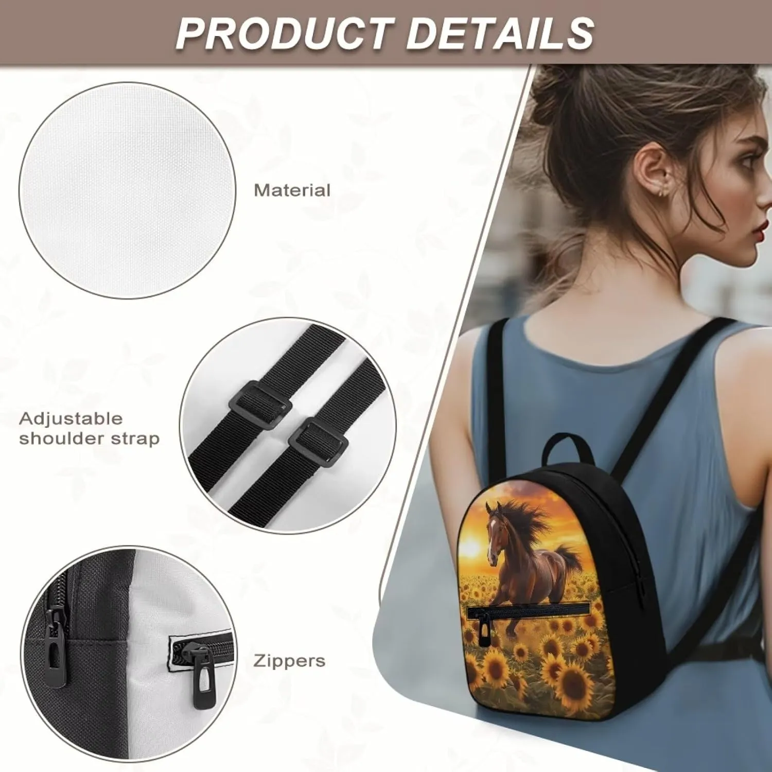 Horse Backpacks for Women Small Bookbag Mini Shoulder Bag with Adjustable Shoulder Strap for Travel Picnic Cute Sunflower Daypack for Work Office Sport Gym
