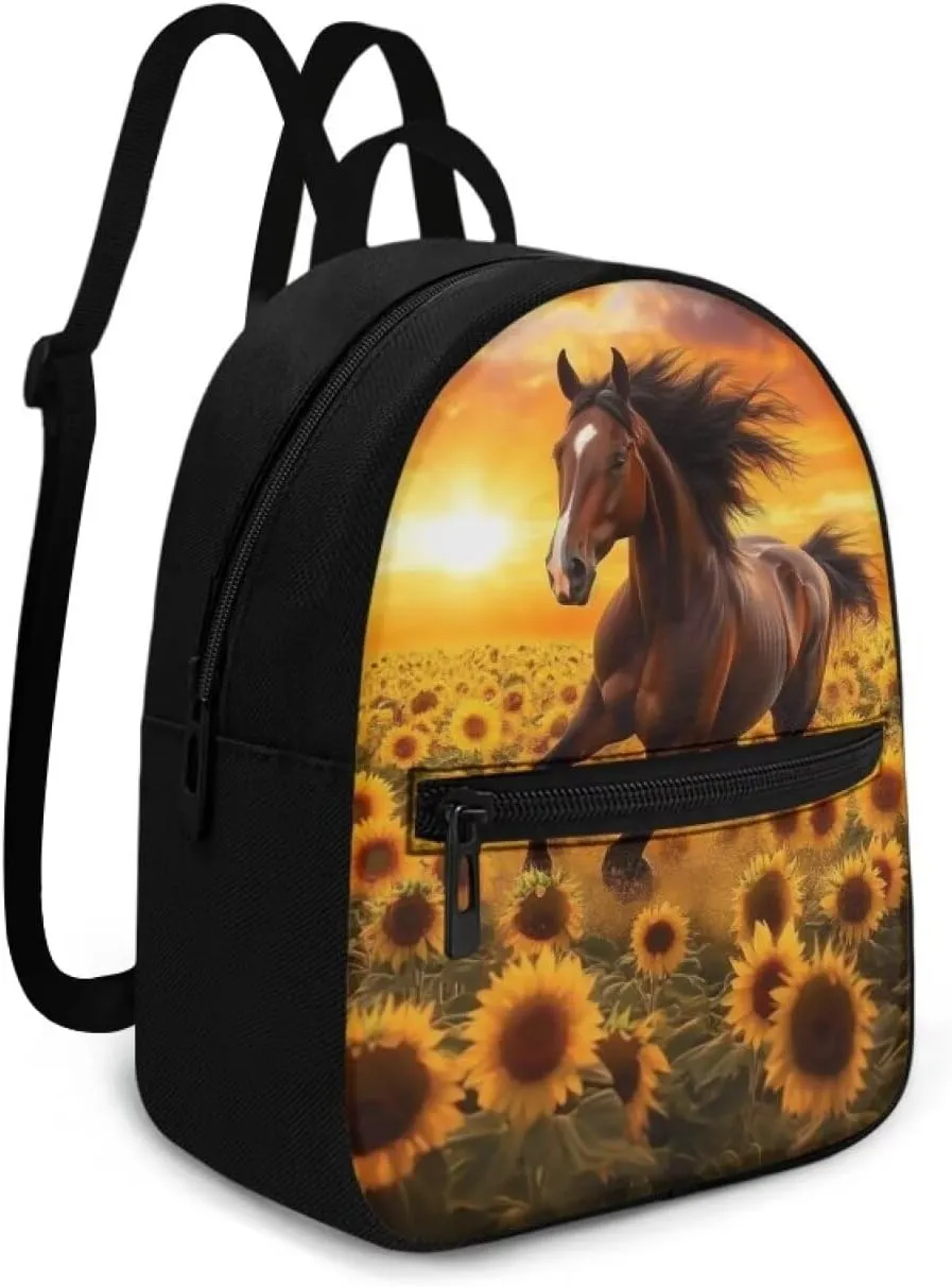 Horse Backpacks for Women Small Bookbag Mini Shoulder Bag with Adjustable Shoulder Strap for Travel Picnic Cute Sunflower Daypack for Work Office Sport Gym