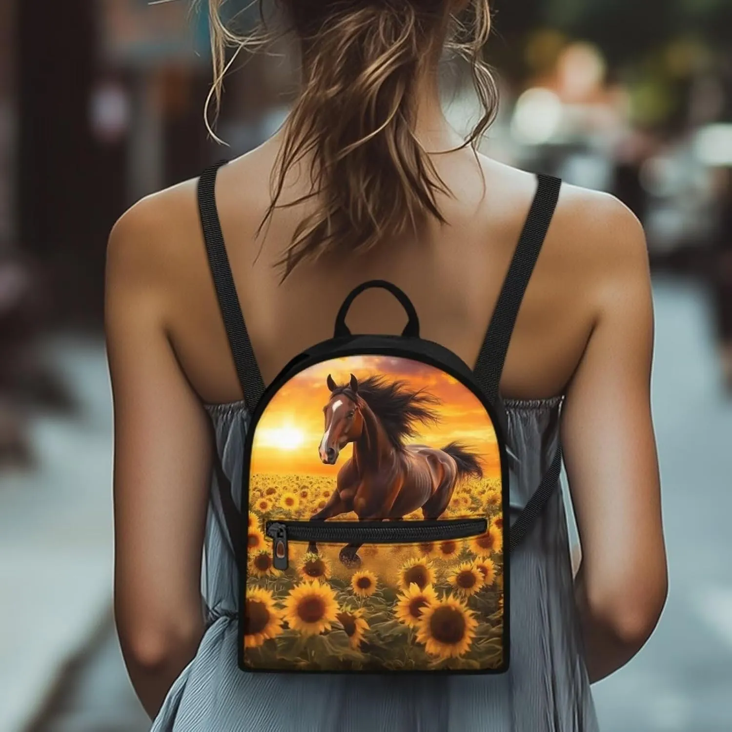 Horse Backpacks for Women Small Bookbag Mini Shoulder Bag with Adjustable Shoulder Strap for Travel Picnic Cute Sunflower Daypack for Work Office Sport Gym