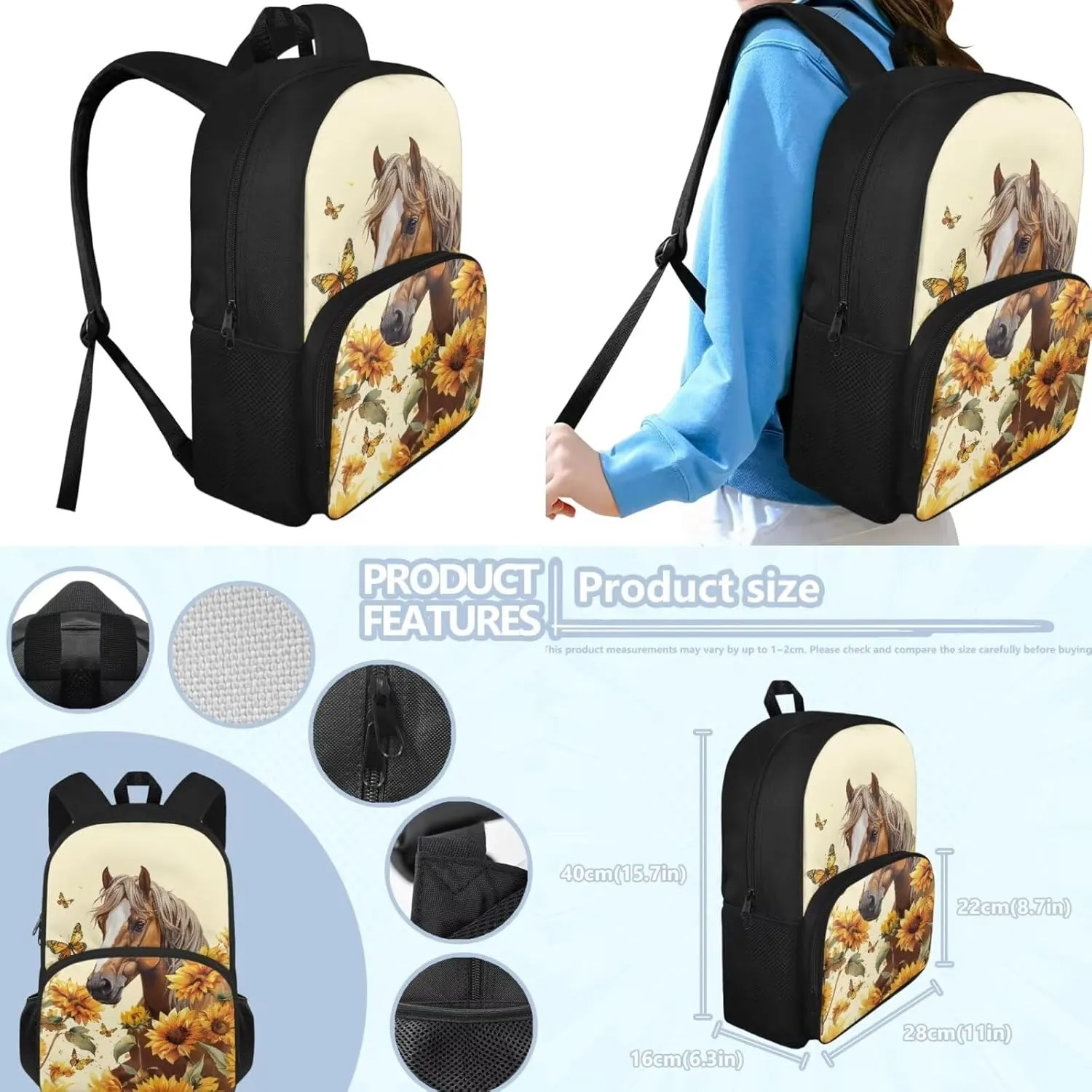 Horse Sunflower Girls Backpacks Ages 10-12 Middle School with Lunch Box Pencil Case Youth Large School Bags Student Hiking Camping Bookbag Travel Duffel Bags Back Pack