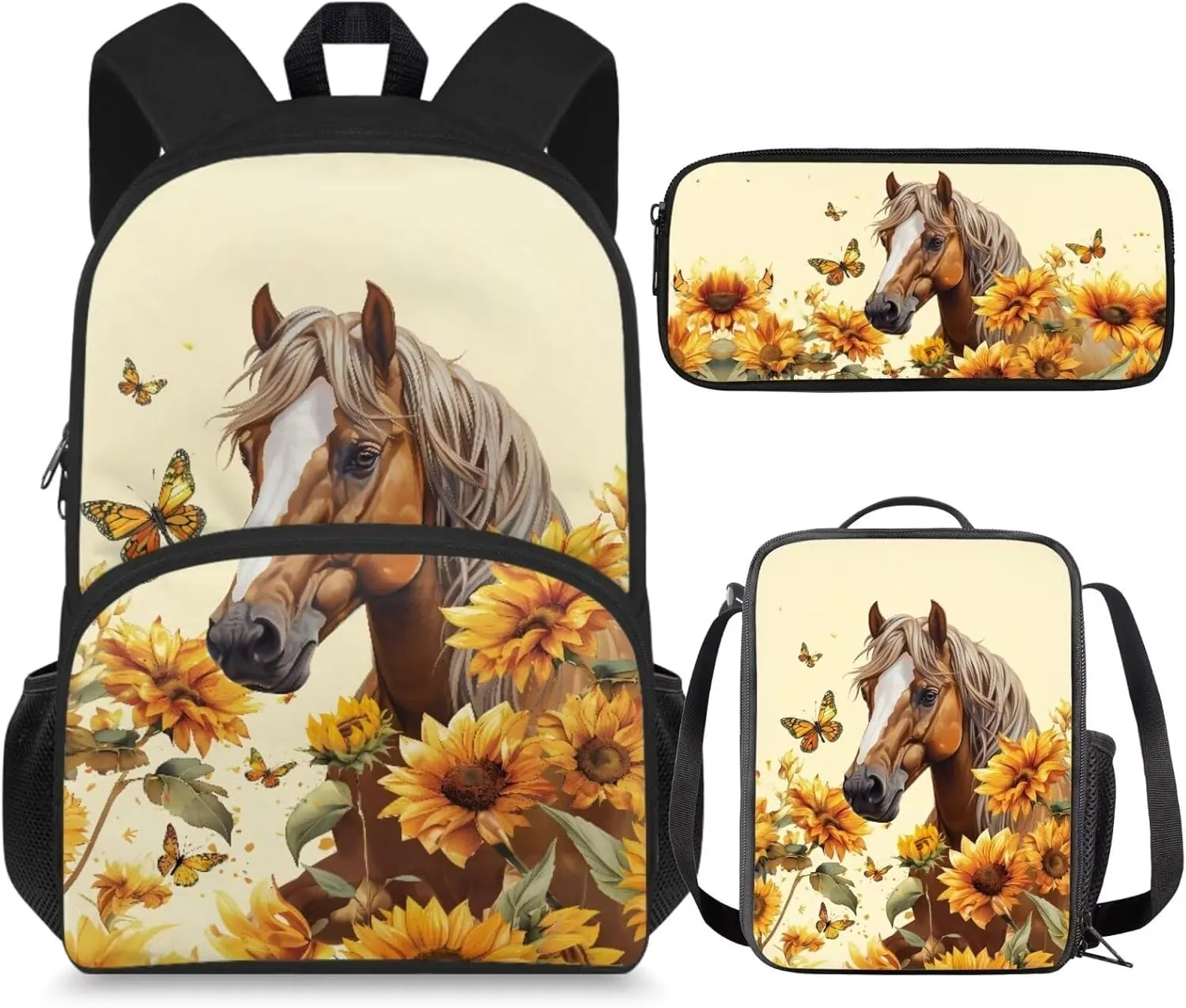 Horse Sunflower Girls Backpacks Ages 10-12 Middle School with Lunch Box Pencil Case Youth Large School Bags Student Hiking Camping Bookbag Travel Duffel Bags Back Pack