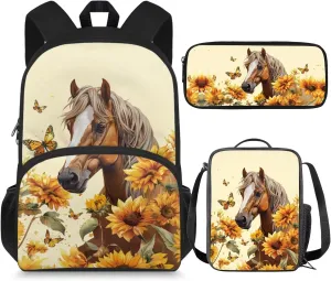 Horse Sunflower Girls Backpacks Ages 10-12 Middle School with Lunch Box Pencil Case Youth Large School Bags Student Hiking Camping Bookbag Travel Duffel Bags Back Pack